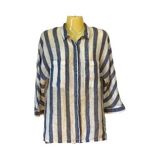Athena Marie 100% Linen Blouse Button Front Coastal Grandma Blue Stripe Small